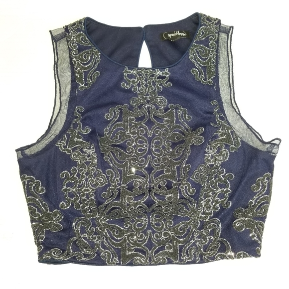 SPEECHLESS royal blue damask velvet crop top - Picture 7 of 8